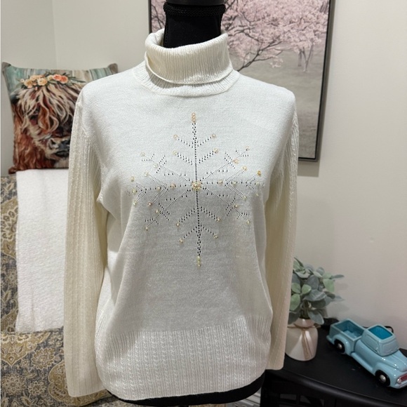 Norton McNaughton White Cowl Turtleneck Sweater with Subtle Embellishments - Picture 1 of 6